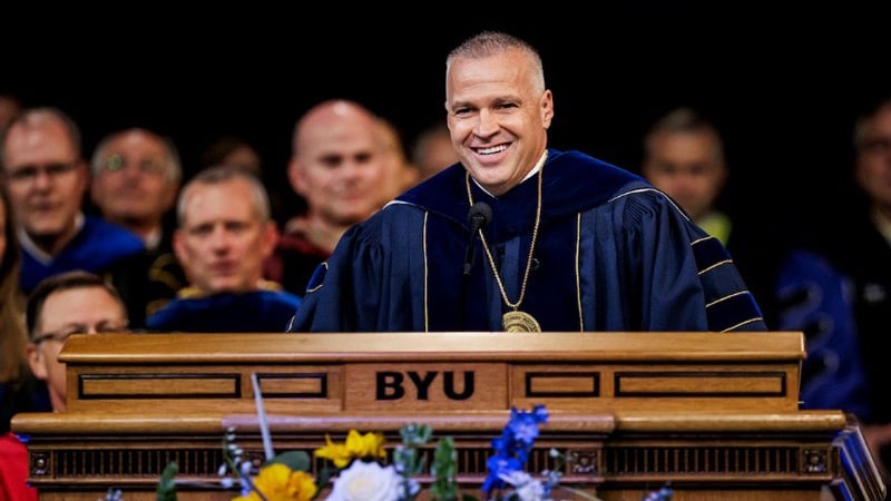 BYU President C. Shane Reese smiling on his inauguration day. 